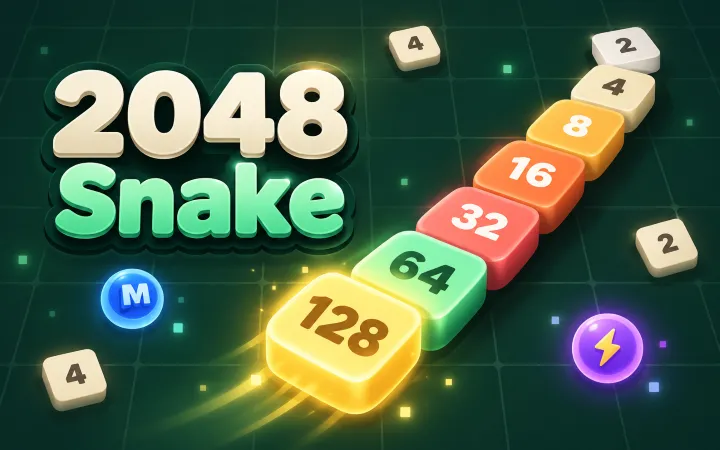 2048 Snake cover with numbered tiles, Magnet and Lightning power-ups
