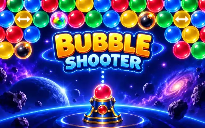 Colorful Bubble Shooter board with glossy bubbles and a launcher