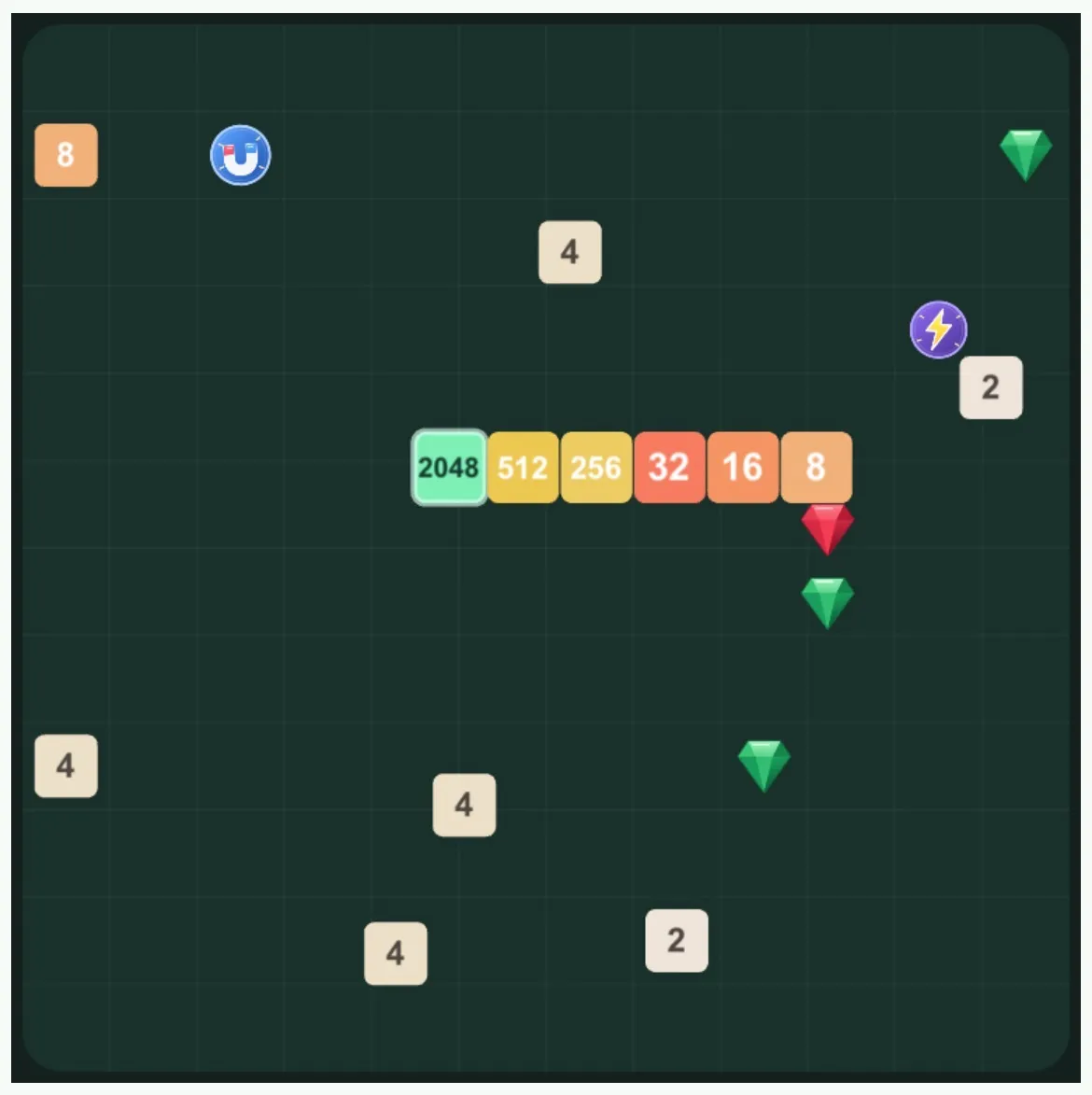 2048 Snake board with a red gem, green gems, Magnet, and Lightning pickups