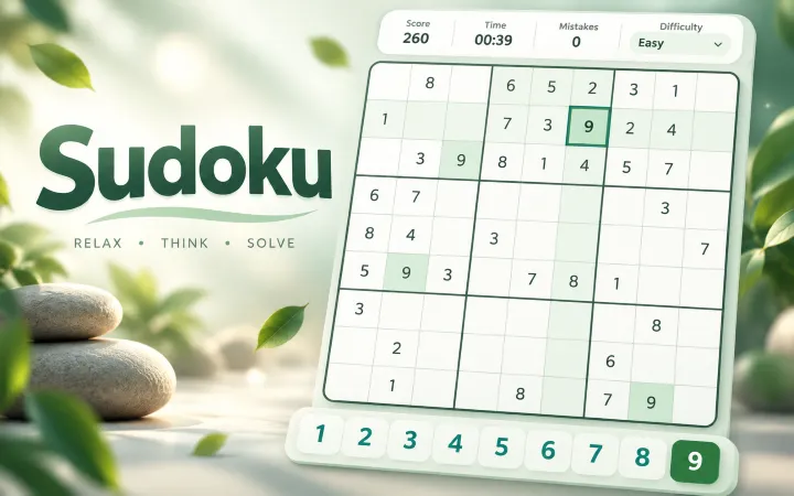 White 9 by 9 Sudoku board with teal highlighted cells on a green background